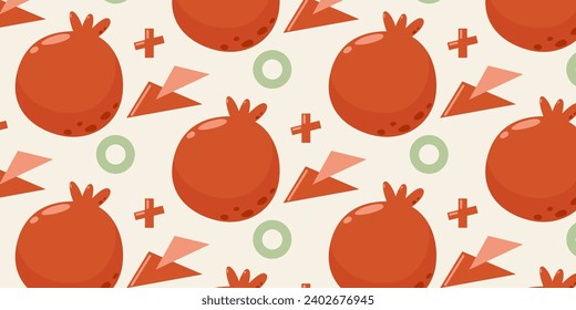 Resumen pomegranar patrón transparente, formas geométricas. Ilustración vectorial de frutas de verano sobre fondo aislado para papel, cubierta, tela, envoltura de regalo, cuaderno