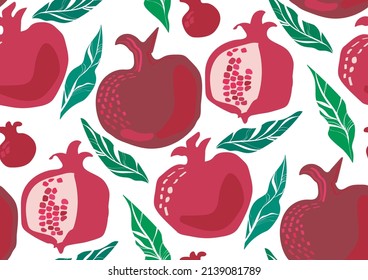 Abstract pomegranate seamless pattern with leaves and fruits. Colorful summer background for fabric design print, textile, backdrops. Hand-drawn style vector illustration.