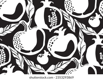 Resumen pomegranar patrón sin fisuras con hojas y frutos. Fondo de verano aislado en blanco y negro para la impresión de diseño de tela, textil, fondo. Ilustración vectorial de estilo dibujada a mano.