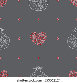 Abstract pomegranate and stylized hearts pattern. Hand drawn seamless background. Vector texture for wallpaper, wrapping, textile design.