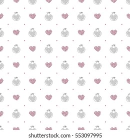 Abstract pomegranate and stylized hearts pattern. Hand drawn seamless background. Vector texture for wallpaper, wrapping, textile design