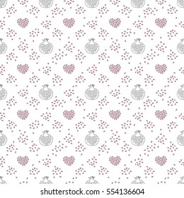 Abstract pomegranate and stylized hearts pattern. Hand drawn seamless background. Vector texture for wallpaper, wrapping, textile design.