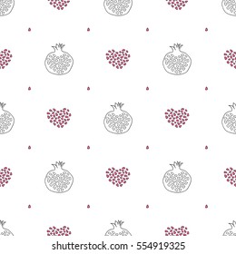 Abstract pomegranate and stylized hearts pattern. Hand drawn seamless background. Vector texture for wallpaper, wrapping, textile design.