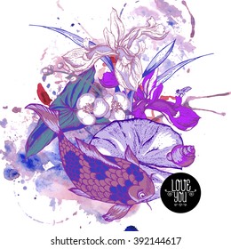 Abstract pond watery flowers vector greeting card, Purple botanical shabby chic illustration iris, lily, carp, snail, fly leaves and twigs Floral design elements.