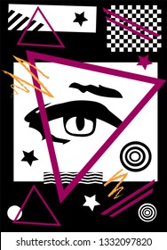 Abstract pop art background with eye, black and white