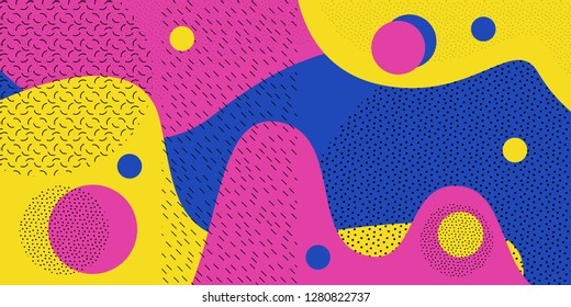 Abstract pop art background with line and dots. Vector liquid splash geometric design with trendy Memphis style