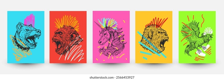 Abstract pop art backgrounds in modern fashion style. Creative vector illustration with animals and doodle elements. Dog, monkey, rooster, unicorn. Design collage for print cards, covers, posters.