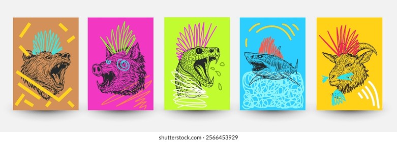 Abstract pop art backgrounds in modern fashion style. Creative vector illustration with animals and doodle elements. Bear, hog, snake, shark, hog. Design collage for print cards, covers, posters.