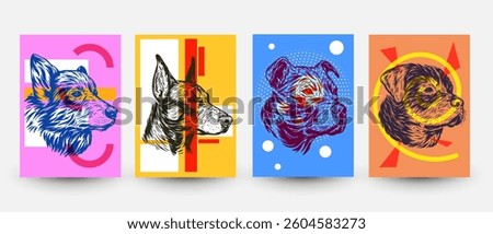 Abstract pop art backgrounds in modern fashion style. Creative vector illustration with dogs and geometric elements. Shepherd, Rottweiler, Pitbull. Design collage for print cards, covers, posters.