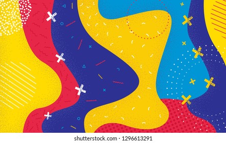 Abstract pop art color background in memphis 80s-90s style. Vector illustration colorful spotty pattern. Bright red, yellow and blue paint splash.