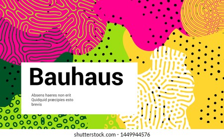 Abstract pop art color background with bright yellow, pink and green paint splash. Vector overlay pattern with black and white geometric forms with line and dots in trendy neo bauhaus memphis style.