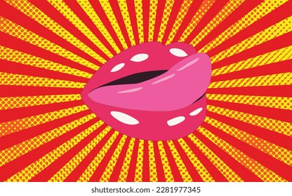 Abstract pop art comic space with lips and tongue, Vector bright dynamic cartoon illustration in retro pop art style on halftone background