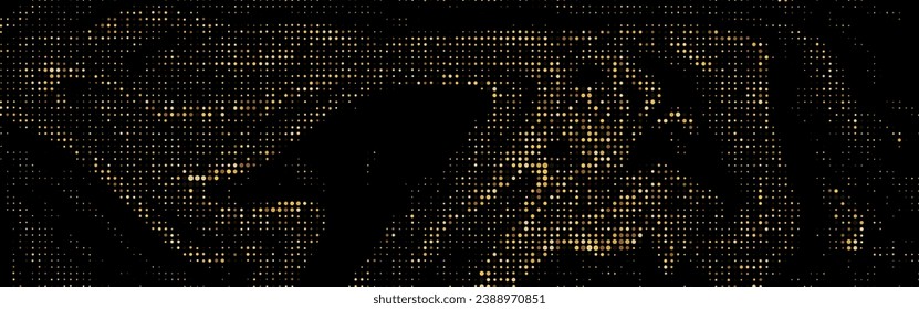 Abstract pop art comic style golden halftone isolated on a black background. Dotted gold spray vector illustration. Creative pattern vector halftone background. Black and gold dot spray gradation.