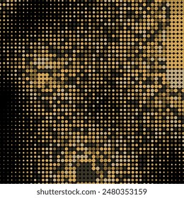 Abstract pop art comic style golden halftone Vector. Dotted gold spray vector illustration. Creative pattern vector halftone background. Black and gold dot spray gradation.	