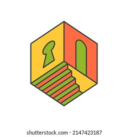 Abstrakte Pop-Art Würfel Form mit Bogengang Treppe und Schloss-Loch isometrischen Vektorgrafik-Illustration. Modische Retro-geometrische Figur-kreative Dekoration auf Shirt-Druck Vintage Silhouette