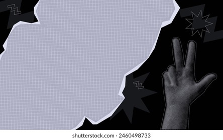 abstract pop art design, trendy halftone magazine style, female showing gesture victory hand, collage paper background