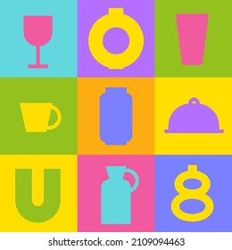 Abstract pop art dish kitchenware crockery. Bright cup, vase, wine glass, jar, dishes isolated on colorful square shape background. Abstract dishware elements. Home poster design vector illustration.