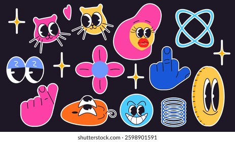 Abstract pop art element set. Cartoon vintage character sticker. Cartoon isolated vector illustration.	