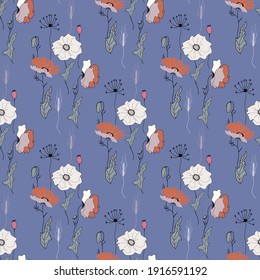 Abstract poppies flowers seamless pattern.