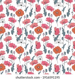 Abstract poppies flowers seamless pattern.