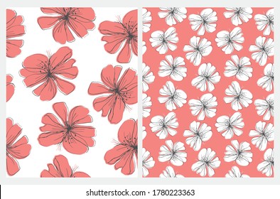 Abstract Poppies Vector Seamless Pattern. Red Petals on a White Background. White Flowers on a Red Backdrop.. Simple Garden Design. Floral Hand Drawn Prints. Floral Layout.
