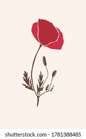 Abstract poppy flower with leaves, stem and bud drawn in a minimalist style. Flat geometric shapes in trending design