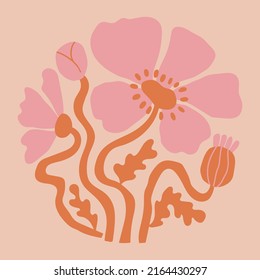 Abstract Poppy Flower Poster In Groovy Trippy Funky Style. Organic Flower Shapes Aesthetic Wall Art In Trendy Pink Pallete. Curvy Psychedelic Summer Floral Decoration.