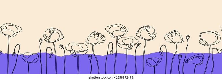 Abstract poppy flower seamless banner. Vector eps 10. One Line Continuous Art. Easily editable vector image
