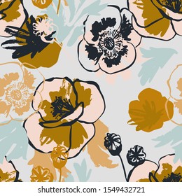 Abstract poppy flower seamless pattern in pastel golden colors. Beautiful floral background: poppies outline, grunge textures, rough brush strokes. Vector art illustration for textile, wallpaper
