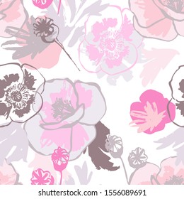 Abstract poppy flower seamless pattern. Beautiful floral pattern: pastel beige, pink poppies, grunge textures, rough brush strokes on white background. Vector art illustration for textile, wallpaper