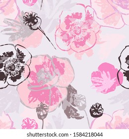 Abstract poppy flower seamless pattern. Beautiful floral pattern: pastel beige, pink poppies, grunge textures, rough brush strokes on white background. Vector art illustration for textile, wallpaper