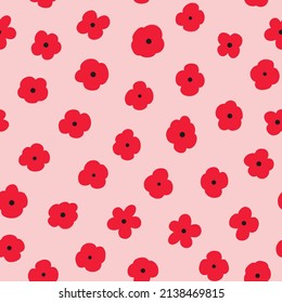 Abstract poppy flower seamless repeat pattern. Random placed, vector millefleur all over surface print.