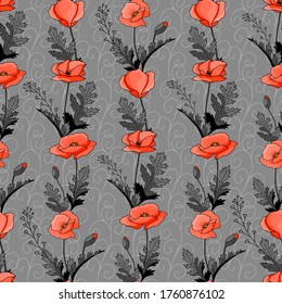 Abstract poppy seamless pattern for textile design. Floral seamless vector pattern. Graphic modern pattern. Vector illustration background. Vector design print template. Seamless vector texture