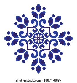 Abstract porcelain flower icon, watercolor blue and white floral ornament, vector illustration