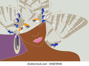 Abstract portrait of an African woman in a hat with a butterfly, pink lipstick and earrings beauty and fashion, trendy stylish texture, color vector prints