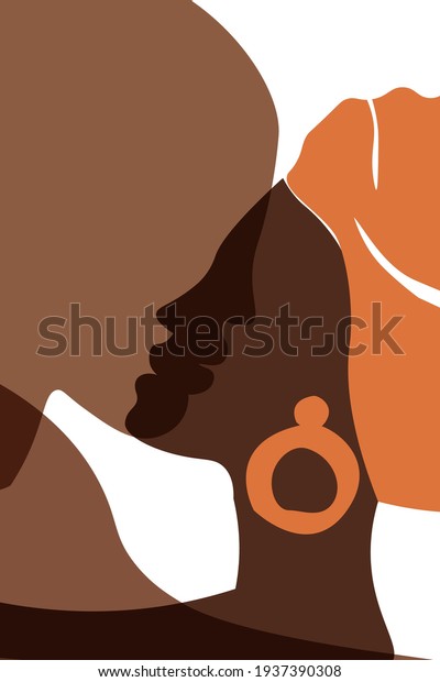 Custom-made abstract portrait of an African woman and a man in a minimalist style bedroom wallpaper mural. A poster of wall art, a couple of lovers kissing in profile, model of a girl in a turban. Ethnic sketch template.