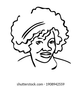 Abstract portrait of an African woman in a minimalist style. Afro-female icon, linear isolated illustration, black outline on white background.