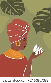 Abstract portrait of a beautiful African woman. Profile of a girl in a turban with a flower in her hand. Vector graphics.