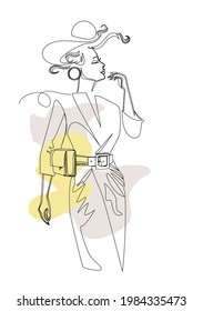 Abstract portrait of a beautiful business woman in suit and her hat in line art style,decorated with pattern and curls. Hand drawn  vector illustration.