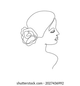 Abstract portrait of a beautiful woman drawn by continuous line. People sketch. For wall art, interior decorations. Isolated on white background. Vector illustration in minimal style.