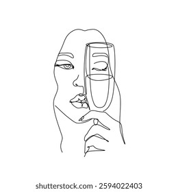 Abstract portrait of a beautiful woman holding glasses of wine, girl silhouette, continuous line drawing, fashion tattoo, club, bar, print for clothes, emblem logo design, isolated vector illustration