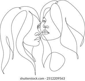 Abstract portrait of beautiful women. Friends, sisters or couple. Continuous one line drawing isolated on white. Vector illustration without artificial intelligence