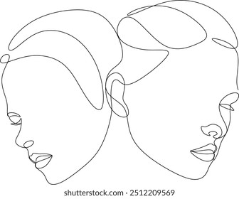 Abstract portrait of beautiful women. Friends, sisters or couple. Continuous one line drawing isolated on white. Vector illustration without artificial intelligence