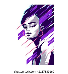 Abstract portrait of a black African woman with rings in her ears. Stylized swift lines. Purple