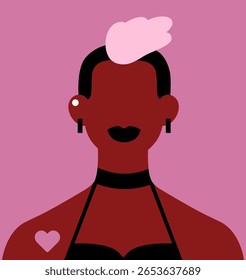 Retrato abstrato, mulher negra. Avatar de personagem feminina elegante e ousado com penteado mohawk, brinco, coração. Identidade queer, pôster em estilo moderno contemporâneo. Ilustração de vetor plano