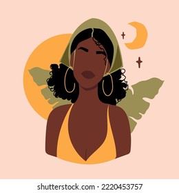 Abstract portrait black woman. Contemporary African american faceless female. Vector illustration in flat style