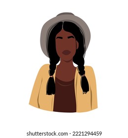 Abstract portrait of a black woman in a hat. Contemporary African american female face. Vector illustration in flat style