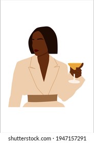 Abstract portrait of a black woman in jacket with glass of wine. Minimalist wine lover concept. Trendy vector illustration isolated on white background.