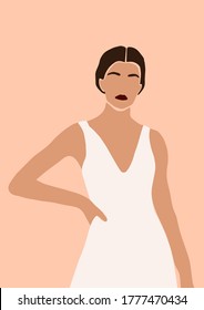 Abstract portrait of bride in wedding dress card isolated on light background. Fashion minimal trendy woman in cartoon flat style. Trendy poster wall print decor vector illustration