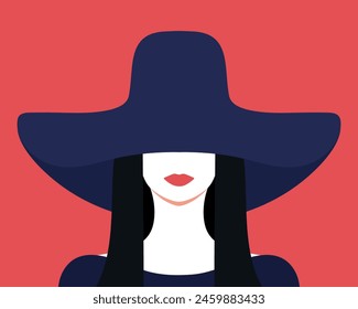 Abstractas retrato de una mujer morena con sombrero. Mujer elegante con sombrero cubriendo sus ojos. Retrato sin rostro. Ilustración vectorial